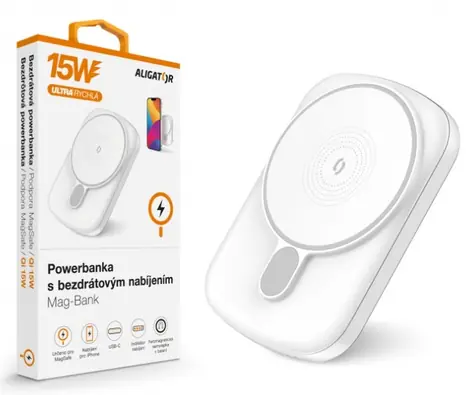 ALIGATOR AMS03WT Mag-Bank bílá / Powerbanka s bezdrátovým nabíjením / Qi / 5000mAh / 15W 