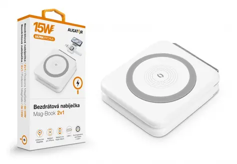 ALIGATOR Mag-Book 2v1 15W bílá / Bezdrátová nabíječka pro Apple iPhone a Apple Watch s podporou MagSafe/ Qi