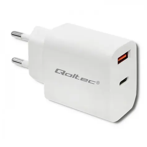 Qoltec 51714 USB + USB - C síťový adaptér 18 W bílá / 5-12V / 1.5 - 3A / USB-C 3.0 / USB 3.0