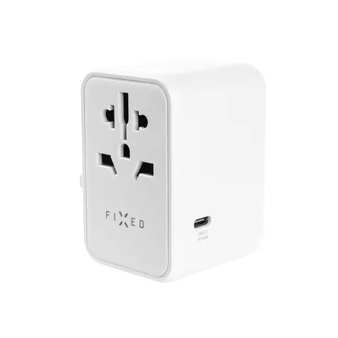 FIXED Voyager 65W Cestovní adaptér pro EU & UK a USA/AUS s 3xUSB-C a 2xUSB výstupem PD bílá / GaN