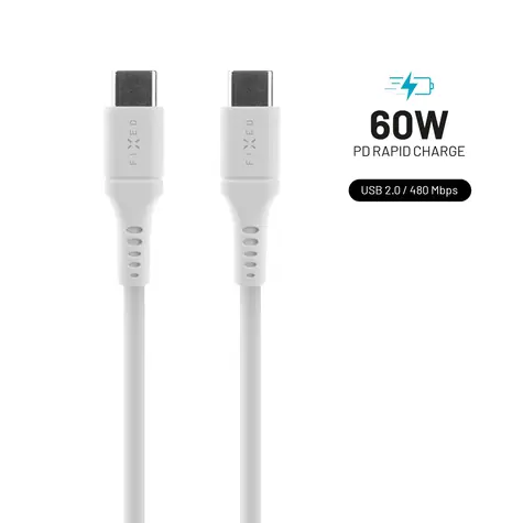 FIXED Krátký nabíjecí a datový Liquid silicone kabel s konektory USB-C/USB-C a podporou PD 0.5m bílá / USB 2.0 / 60W 