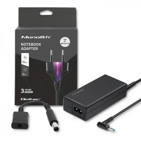 Qoltec 51728 Napajecí adaptér pro notebooky HP 65W 1.30m / 4.5x3.0+pin / adaptér 4.5x3.0 (F) - 7.4x5.0 (M)