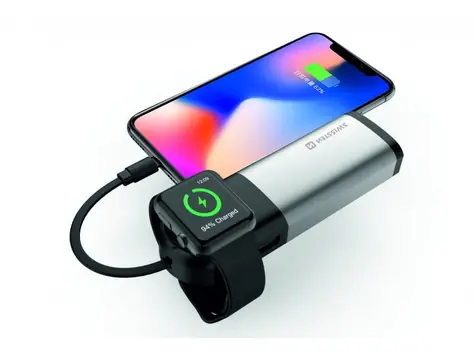 SWISSTEN powerbanka 2v1 6700mAh stříbrná / bezdrátové nabíjení Apple Watch / 10.5W / USB-A & Lightning
