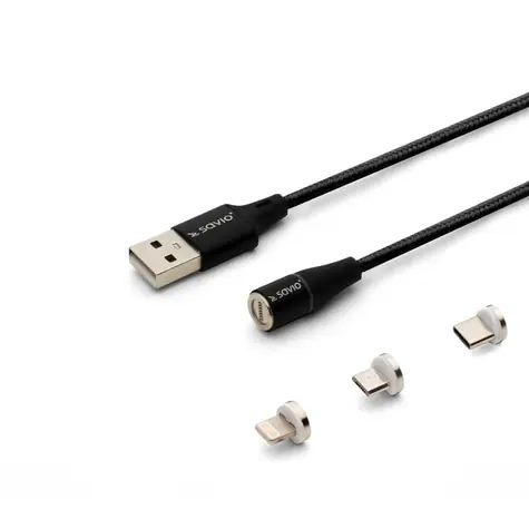 SAVIO CL-155 kabel s vyměnitelnými magnetickými konektory USB - USB-C & microUSB & Lightning  2m černá