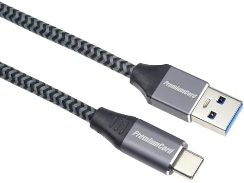 PremiumCord propojovací kabel USB-C (M) na USB-A (M) 2m šedá / USB-C 3.1 (M) / USB-A 3.0 (M) / 5 Gbps / opletený