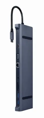 Gembird A-CM-COMBO10-01 / HUB 10V1 / HDMI / VGA / USB-A / USB-C / RJ45 / 3.5mm / čtečka karet