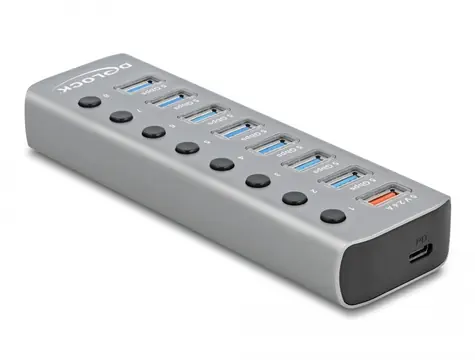 Delock Rozbočovač USB 5 Gbps šedá / 7 porty / rychlonabíjecí port / port USB-C PD 3.0 s přepínačem a osvětlením 