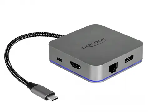 Delock Dokovací stanice USB Type-C pro mobilní zařízení 4K - HDMI/Hub/LAN/PD 3.0 s LED osvětlením šedá