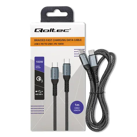 Qoltec 52357 Kabel USB-C 2.0 (M) - USB-C 2.0 (M) 1m černá / PD 100W / QC 3.0