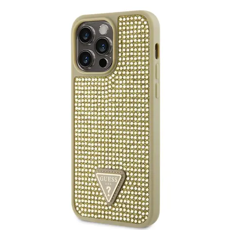 GUESS Rhinestones Triangle Metal Logo Kryt pro Apple iPhone 14 Pro Max zlatá