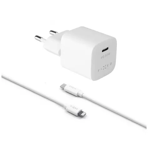 FIXED Mini Set Síťové nabíječky 30 W bílá / USB-C výstupem a USB-C - Lightning kabelu / podpora PD / 1.2 m / MFI / 30W