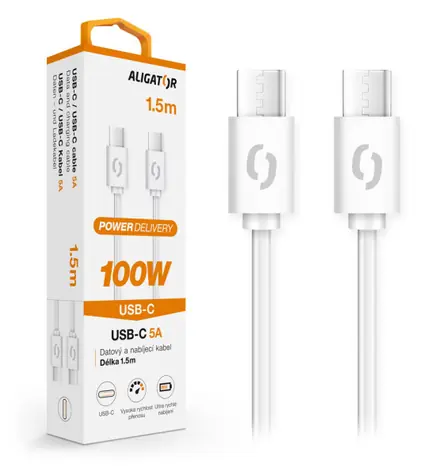 Aligator Datový kabel POWER 5A USB-C - USB-C 1.5m bílá / 100W