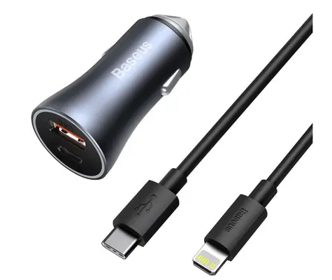 Baseus TZCCJD-B0G Nabiječka do auta 5V + Kabel USB-C (M) - Lightning (M) / 1x USB-A / 1x USB-C / 40W