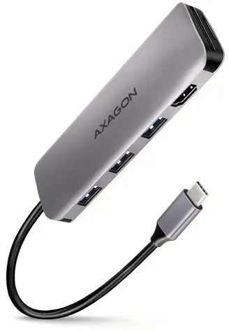 AXAGON HMC-HCR3A, USB 5Gbps hub, porty 3x USB-A, HDMI 4k/30Hz, SD/mSD, kabel USB-C 20cm