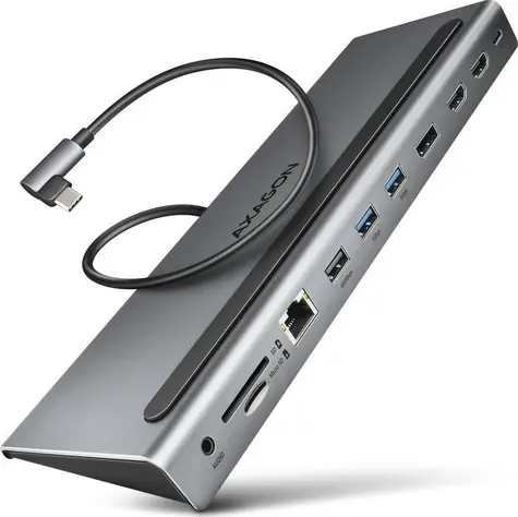 AXAGON HMC-4KX3 USB 5Gbps hub, 3x USB-A, 2x HDMI & DP 4K/60Hz, RJ-45 GLAN, SD/mSD, audio, PD 100W, kabel USB-C 40cm