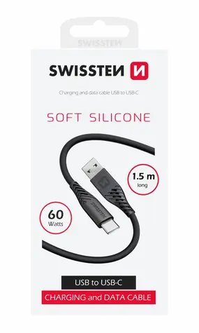 SWISSTEN SOFT SILICONE datový kabel USB-C 1.5m černá / 60W / 3A / 1x USB-A(M) / 1x USB-C(M)