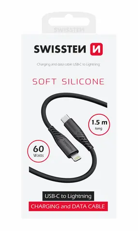 SWISSTEN SOFT SILICONE datový kabel USB-C - Lightning 1.5m černá / 60W / 3A / 1x USB-C(M) / 1x Lightning(M)