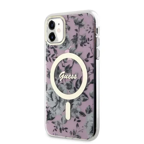 GUESS PC/TPU Flowers IML MagSafe Kompatibilní Zadní Kryt pro Apple iPhone 11 růžová