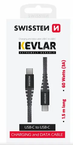 SWISSTEN KEVLAR datový kabel USB-C 1.5m šedá / 60W / 3A / 1x USB-C(M) / 1x USB-C(M)