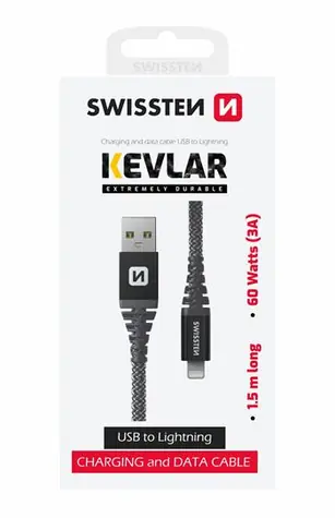 SWISSTEN KEVLAR datový kabel USB-A - Lightning 1.5m šedá / 60W / 3A / 1x USB-A(M) / 1x Lightning(M)