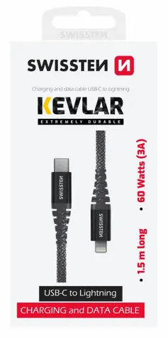 SWISSTEN KEVLAR datový kabel USB-C - Lightning 1.5m šedá / 60W / 3A / 1x USB-C(M) / 1x Lightning(M)