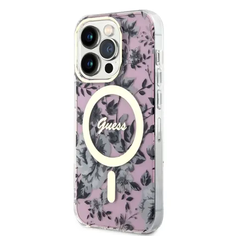GUESS PC/TPU Flowers IML MagSafe Kompatibilní Zadní Kryt pro Apple iPhone 14 Pro růžová