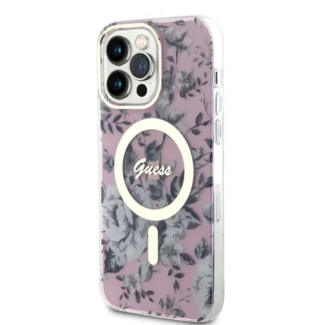 GUESS PC/TPU Flowers IML MagSafe Kompatibilní Zadní Kryt pro Apple iPhone 14 Pro Max růžová