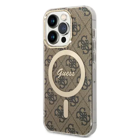 GUESS 4G IML MagSafe Zadní Kryt pro Apple iPhone 14 Pro Hnědá