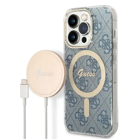 GUESS 4G MagSafe Kompatibilní Zadní Kryt + Bezdrátová Nabíječka pro Apple iPhone 14 Pro modrá