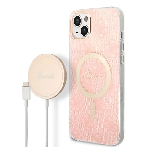 GUESS 4G MagSafe Kompatibilní Zadní Kryt + Bezdrátová Nabíječka pro Apple iPhone 14 Plus růžová