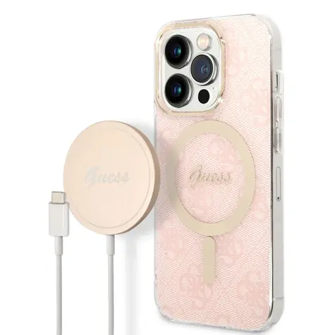 GUESS 4G MagSafe Kompatibilní Zadní Kryt + Bezdrátová Nabíječka pro Apple iPhone 14 Pro růžová