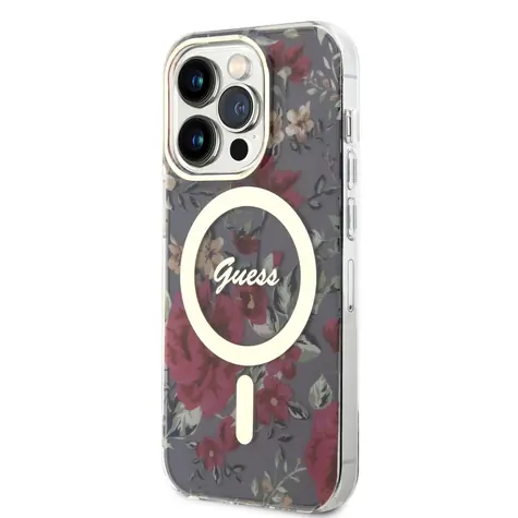 GUESS PC/TPU Flowers IML MagSafe Kompatibilní Zadní Kryt pro Apple iPhone 14 Pro Max Kaki