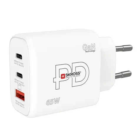 SKROSS Rychlonabijecí adaptér GaN EU bílá / 1x USB-A  / 2x USB-C / 65W