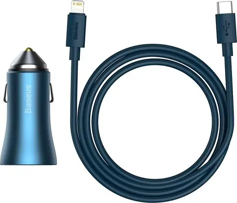 Baseus TZCCJD-03 Golden Contactor Pro nabiječka do auta modrá / 1x USB-A / 1x USB-C / Kabel USB-C (M) - Lightning (M) 