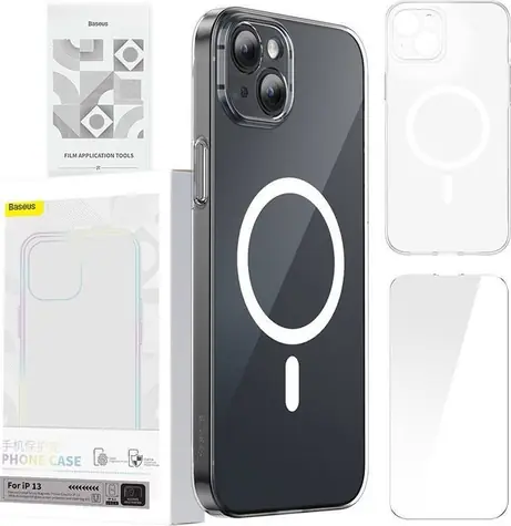 Baseus ARSJ010602 Magnetic Crystal Clear Kryt pro Apple iPhone 13 čirá / + ochranné sklo / + čisticí sada