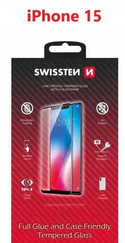 SWISSTEN FULL GLUE COLOR FRAME CASE FRIENDLY sklo pro Apple iPhone 15 černá