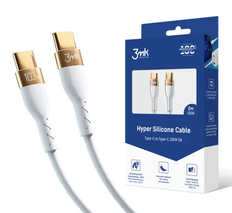 3mk Hyper Silicone datový kabel USB-C - USB-C  2m bílá / 100 W / 5A 
