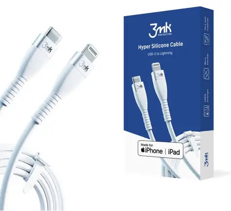 3mk Hyper Silicone datový kabel USB-C - Lightning  1m (20W) bílá / MFI / 20 W / 3A 