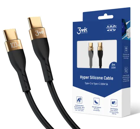 3mk Hyper Silicone datový kabel USB-C - USB-C 2m černá / 100 W / 5A 