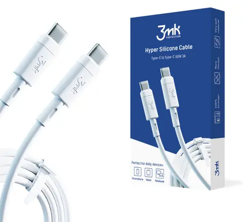 3mk Hyper Silicone datový kabel USB-C - USB-C 1m (60W) bílá / 60 W / 3A 