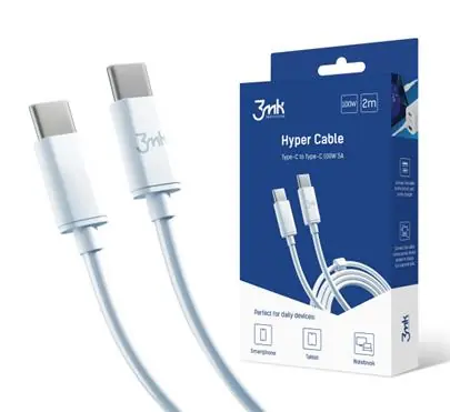 3mk Hyper Silicone datový kabel USB-C - USB-C 2m bílá / 100 W / 5A 
