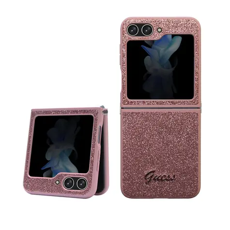 Guess PC/TPU Glitter Flakes Metal Logo Zadní Kryt pro Samsung Galaxy Z Flip 5 růžová