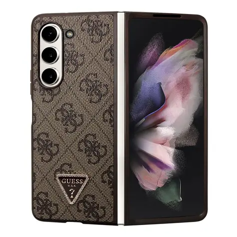 Guess 4G PU Leather Triangle Zadní Kryt pro Samsung Galaxy Z Fold 5 hnědá