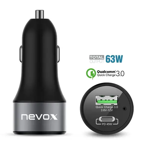 Nevox Kfz Nabiječka do auta černá / 1x USB-A / 1x USB-C / 63W