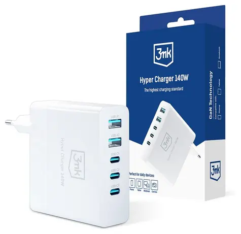 3mk Hyper Charger 140 W bílá / cestovní nabíječka / GaN 3x USB-C - 2x USB