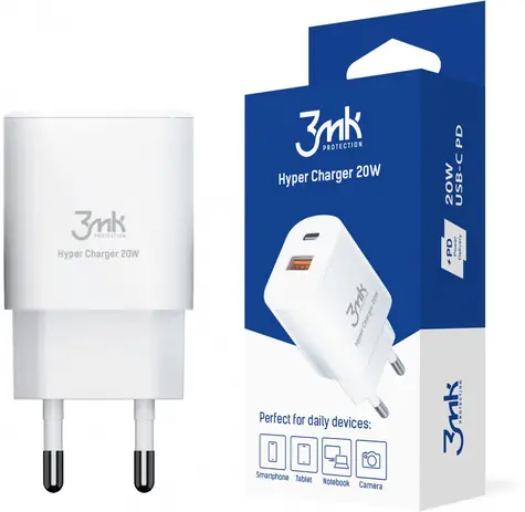 3mk Hyper Charger 20 W bílá / cestovní nabíječka / 1x USB-C - 1x USB