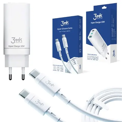 3mk SET Hyper Charger 65 W bílá / cestovní nabíječka / GaN 2x USB-C + 3A datový kabel