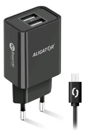 Aligator Chytrá síťová nabíječka 2.4A microUSB černá / 2xUSB / smart IC / microUSB kabel / doprodej