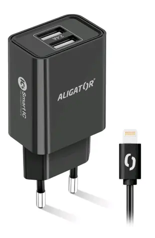 Aligator Chytrá síťová nabíječka 2.4A Lightning (CHA0044) černá / 2xUSB / smart IC / Lightning kabel / doprodej