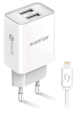 Aligator Chytrá síťová nabíječka 2.4A Lightning (CHA0045) bílá / 2xUSB / smart IC / Lightning kabel
